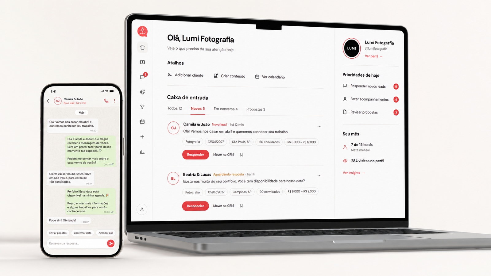 Painel do fornecedor no Noivei com caixa de entrada de leads em um notebook