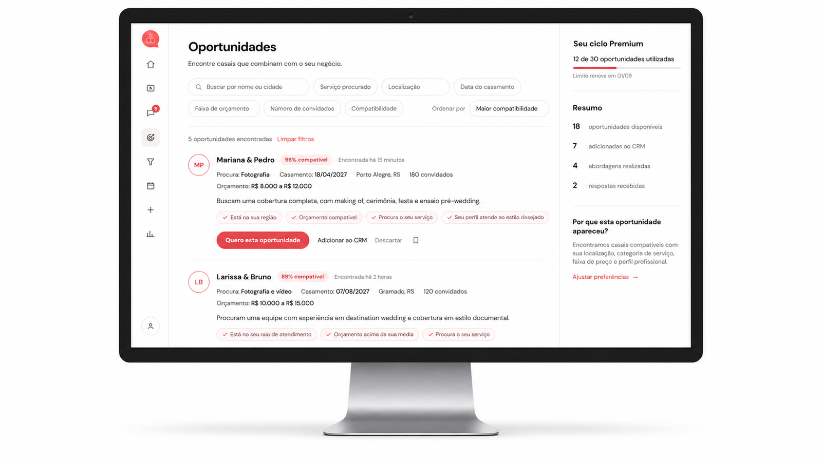 Página de Oportunidades do Noivei com casais compatíveis em um monitor