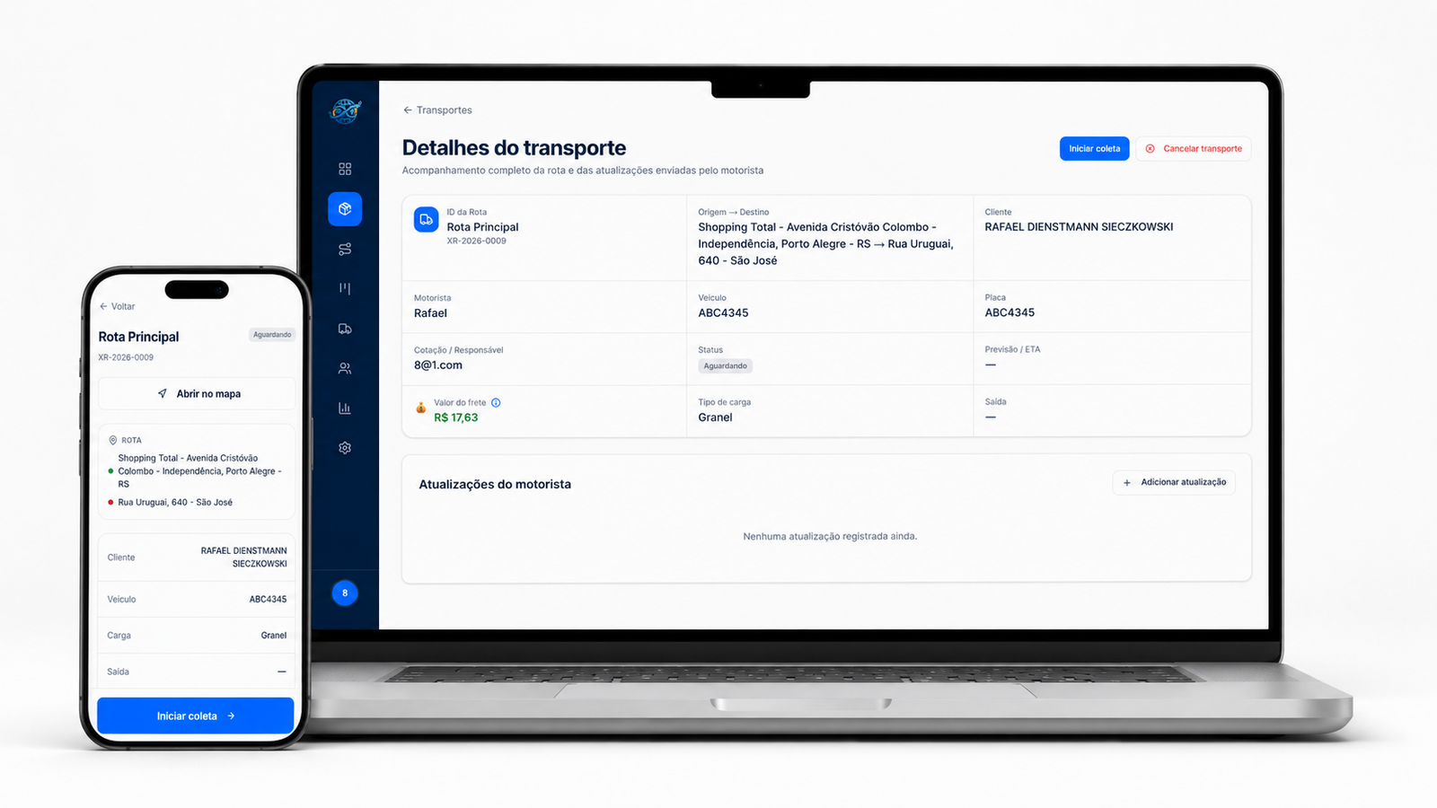 Detalhes do transporte da XRotas em um notebook e acompanhamento da rota no celular