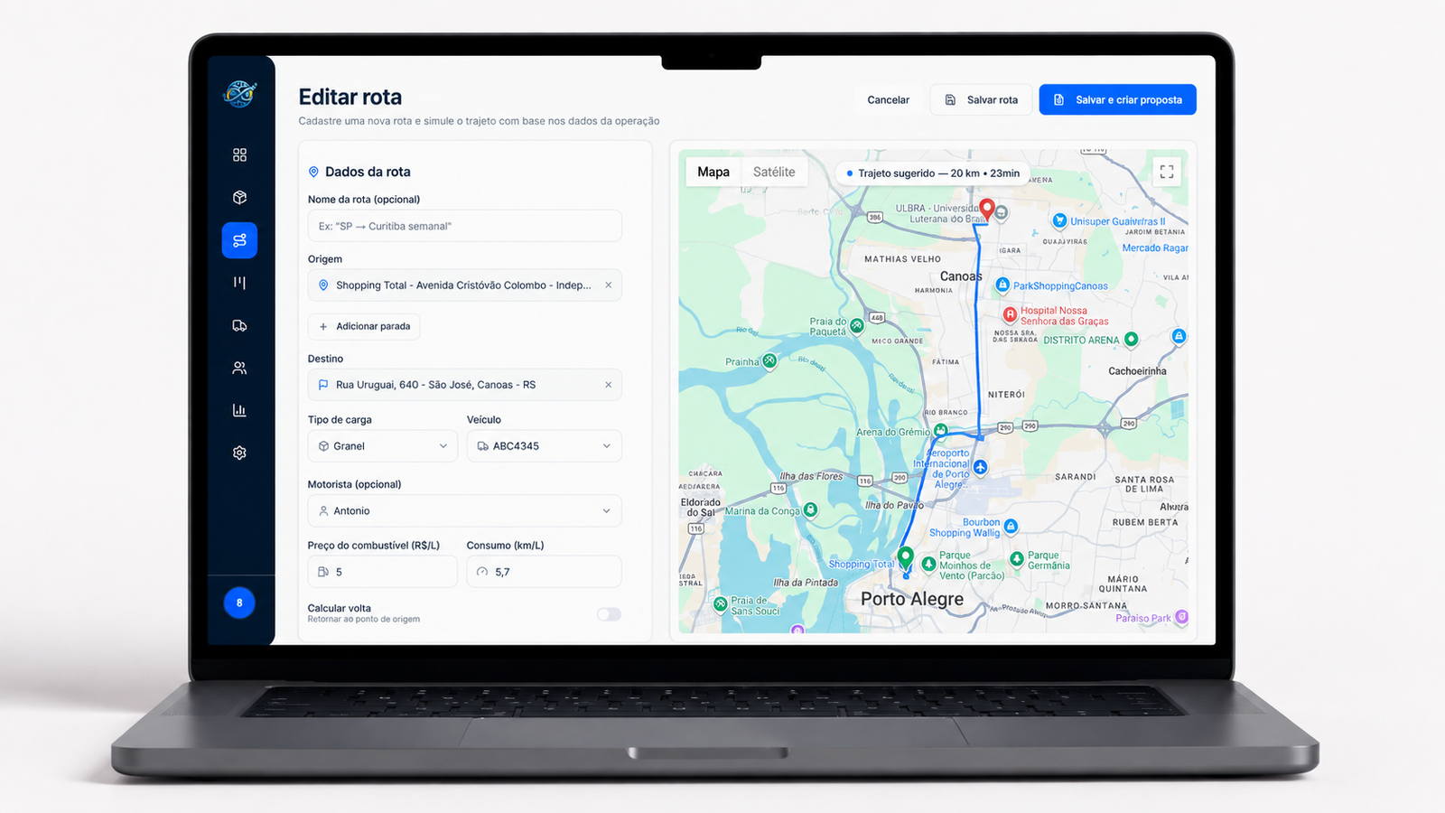Tela de edição de rota da XRotas com mapa e dados da operação em um notebook