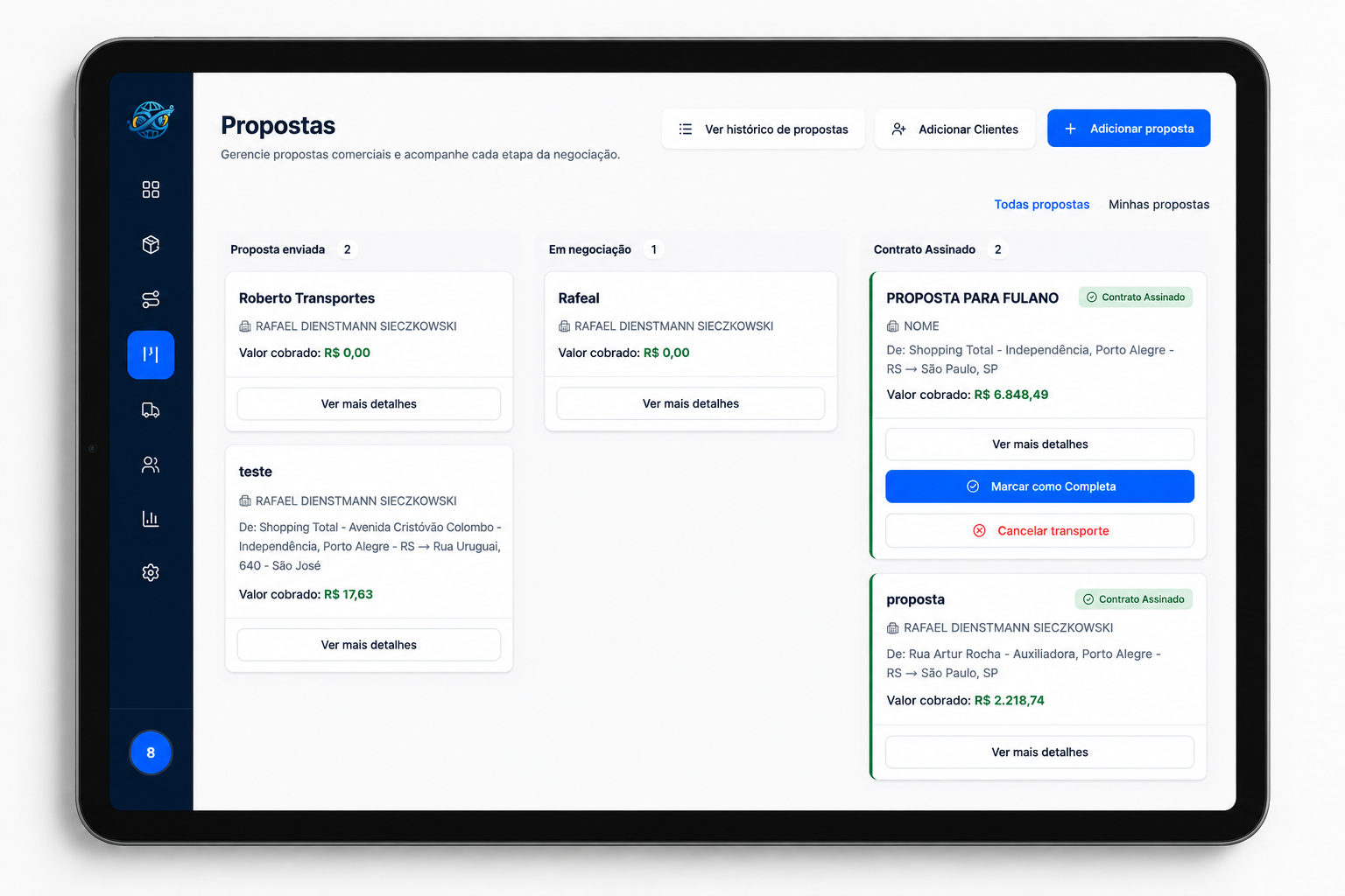 Kanban de propostas da XRotas exibido em um tablet